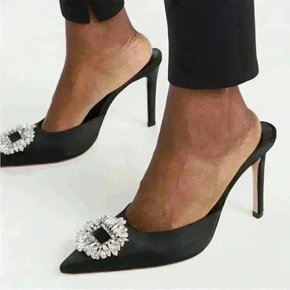 NIB NEW Good American Jeweled Glass Slipper Mule Heels Black Satin Embellished 6